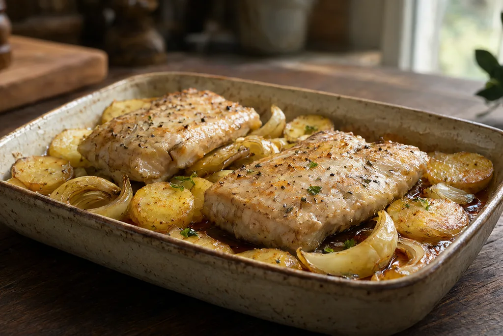 Merluza al horno con patatas